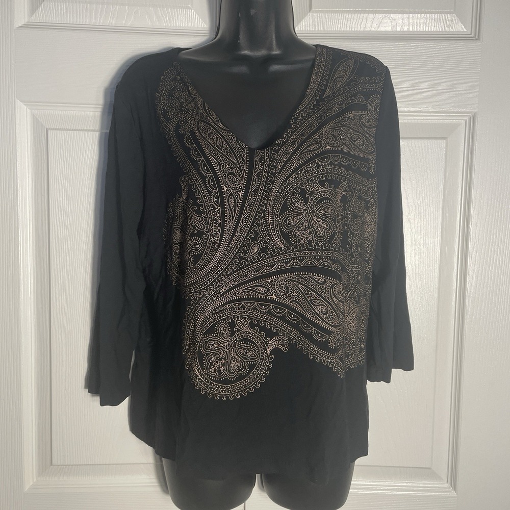 Vintage Hillard Hanson Shirt Women L‎ Black Paisley Y2K Beaded V Neck Knit Top